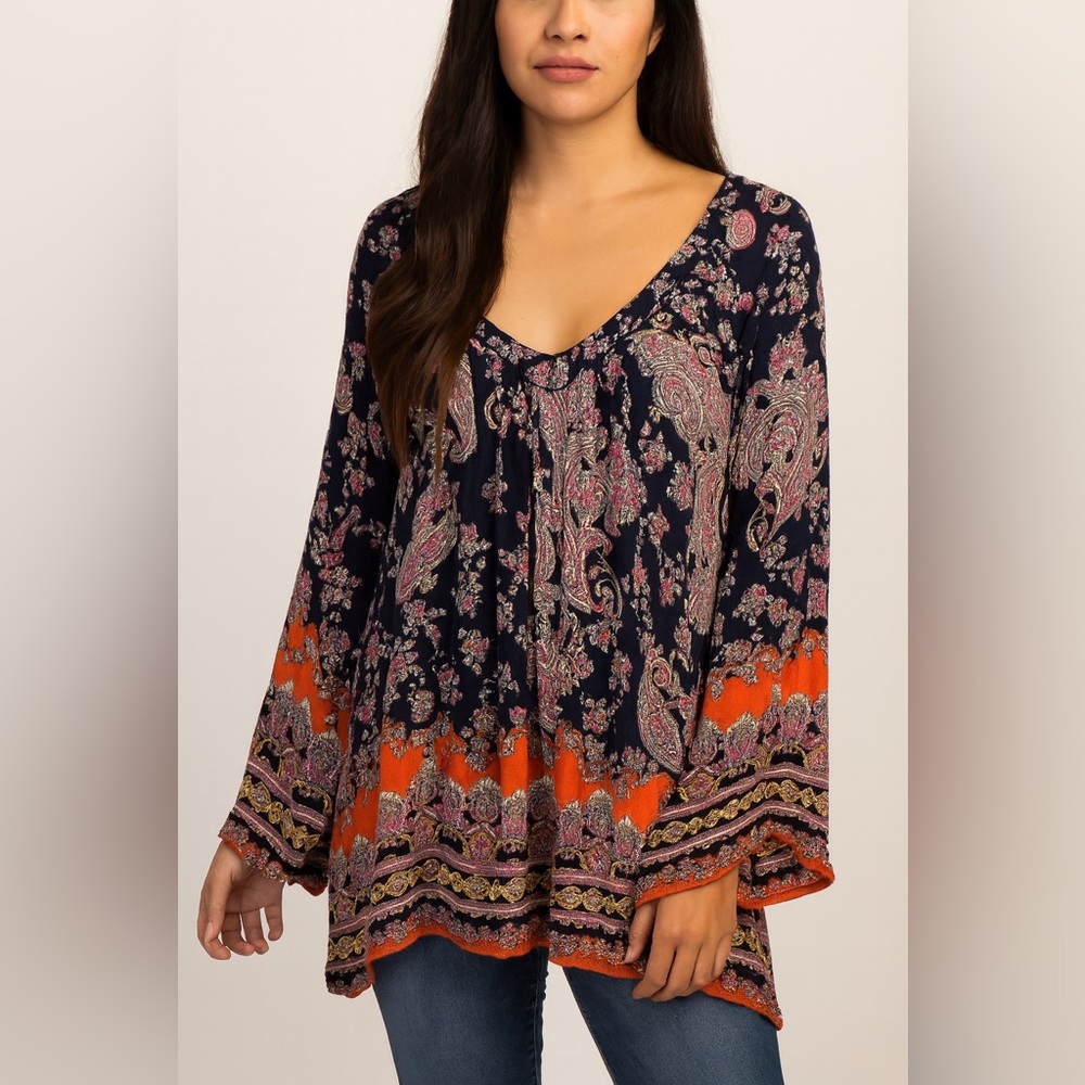 Bila Womens Tunic Top Size XL Navy Blue Orange Paisley 3/4 Sleeve‎ V-Neck